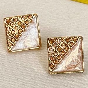 Earrings Gold Tone Split Square Studs Half Marble Half Pave'